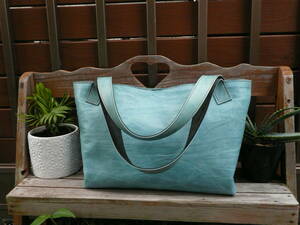  cow leather pale blue group refreshing leather. tote bag futoshi .. steering wheel shoulder .. hand made bag firmly lining attaching 