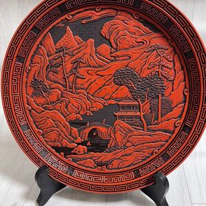 仙台堆朱の丸盆 丸盆 木製漆器 鎌倉彫 飾盆 中国美術 古美術 中国古玩