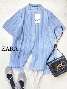 ZARA ザラ★タグ付き未使用★大人キレイ目★プリーツデザイン 半袖 シャツ ブラウス トップス シンプル★ブルー XSサイズ yz0606