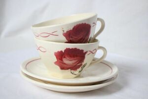 フランス アンティーク BADONVILLER 古い陶器のカップとお皿のセット ステンシルのバラ模様 C&S2客セット 美品