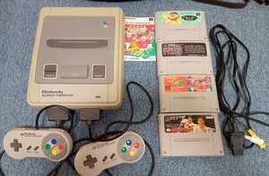 スーパーファミコン本体+コントローラー２個+コード１本+ソフト４本/ 任天堂SFC/ファミスタ３全日本プロレスクレヨンしんちゃんF-ZERO