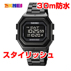 30m防水デジタル腕時計ステンレススポーツ ブラック黒 デュアルタイム ストップウォッチ スクエア角型B (NIXONニクソンではありません)