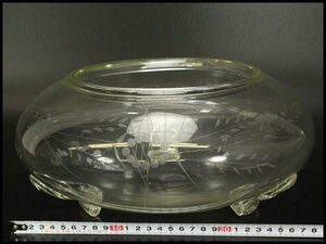 【銀閣】アンティーク レトロ ガラス 切子 草花模様 鉢 φ30cm 旧家蔵出(AZ963)