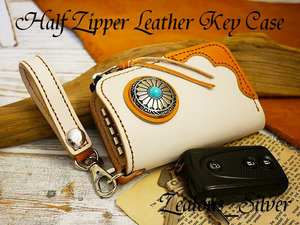  cologne . form!! half zipper leather key case turquoise Conti . smart key tongue low × Camel parts stitch key holder set