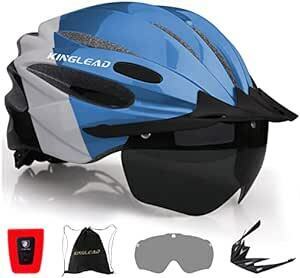 自転車 ヘルメット 大人 KINGLEAD CPSC/CE安全基準認証 高剛性 USB充電式 セフティーライト付 磁気ゴーグル