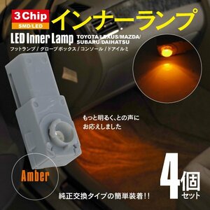 ネコポス限定送料無料★LED 3chip SMD インナーランプ アンバー 4個 フットランプ グローブボックス コンソール ドアイルミ