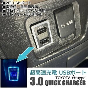 USBポート 車 増設 埋め込み トヨタ Aタイプ スイッチホール 充電器 アクセサリー 車載 パネル USB 充電 電圧計 LED ブルー