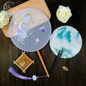 うちわ 両面刺繍 上品 花柄 団扇 和装 浴衣 花火大会 踊り 古風 パープル