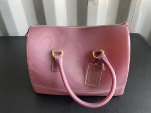 中古品☆FURLA/フルラ キャンディ ボストンバッグ ピンク PVCビニール ハンドバッグ カデナ付き 袋付き