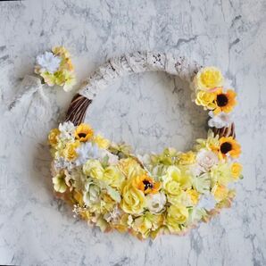リースブーケ ブートニア (イエロー&オレンジリース ウェディング)