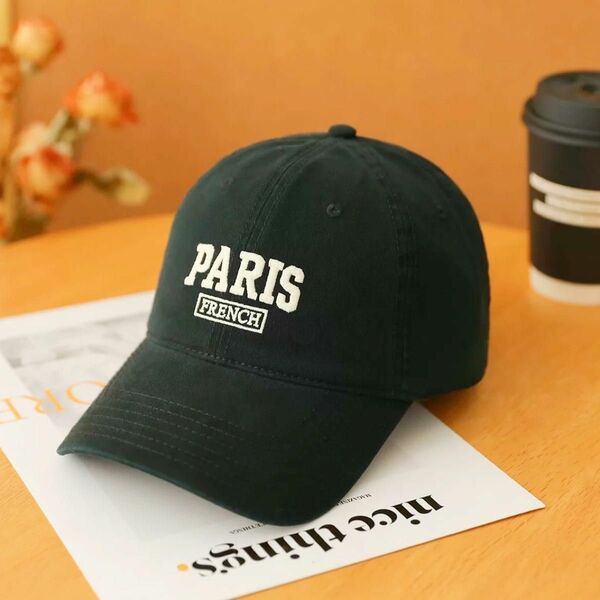 キャップ 夏 帽子 ブラック 黒 英字 PARIS ロゴ 調整可能 男女 お揃い