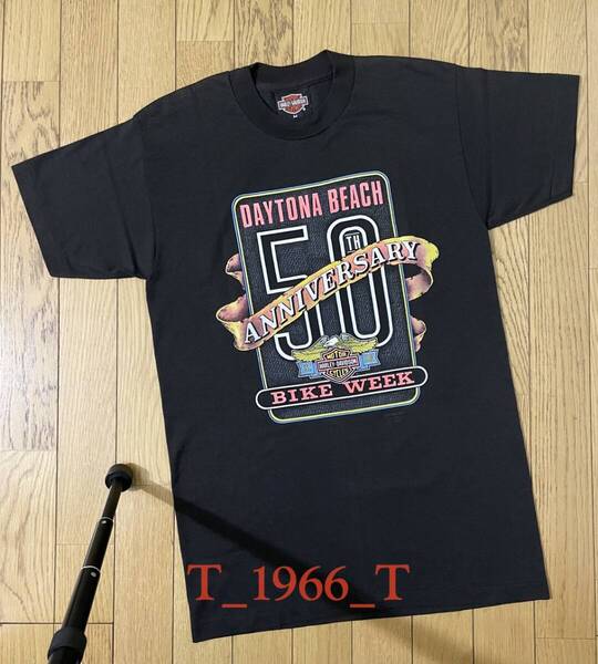 NOS 1991ハーレーデイトナ50th ANV. 3D EMBLEMボディビンテージTシャツ ブラック M 純正タグ パン ショベル アイアン チョッパー