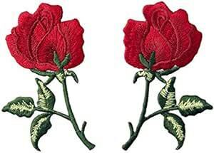 フラワーズ赤いバラ刺繍のバッジのアイロン付けまたは縫い付けるワッペン, 2枚