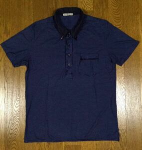 8.5@ 良品「DANIELE FIESOLI」襟切替え ボタンダウン ボーダー柄 ポロシャツ Navy SIZE:S イタリア製