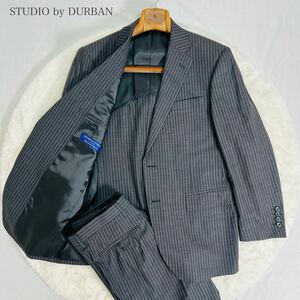 【極美品】STUDIO by DURBAN ダーバン セットアップスーツ 上質 シルクブレンド グレー×ストライプ Lサイズ相当