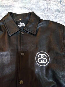 美品 13AW STUSSY ステューシー brass leather coach jacket レザー コーチジャケット BLACK S シャネルロゴ SSリンク