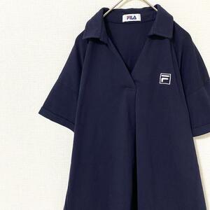 スキッパーシャツ 半袖 フィラ FILA 刺繍ロゴ M ネイビー コットン 綿