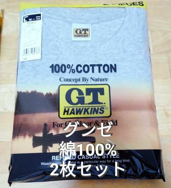 グンゼ HAWKINS Tシャツ グレー 丸首 Lサイズ(96～104) 2枚セット