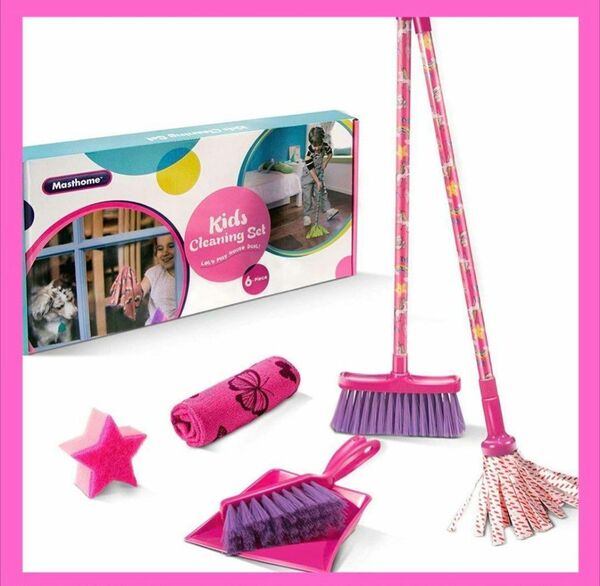 【6点セット】ままごと お掃除セット 知育玩具 教育玩具 掃除おもちゃ ピンク