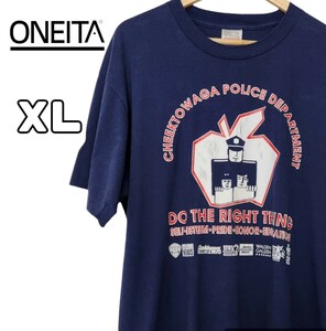 80s~90s USA製 ONEITA 半袖プリントTシャツ 両面プリント グッドプリント シングルステッチ XL ネイビー 古着