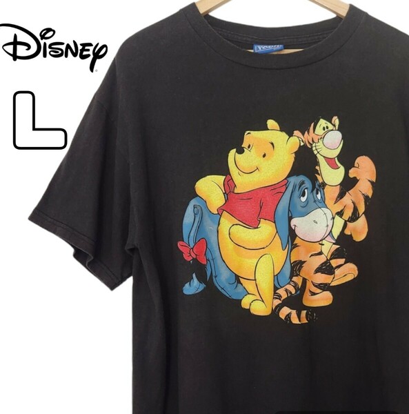 90s Disney ディズニー プーさん プリントTシャツ ブラック Tシャツ 黒 半袖 古着 L