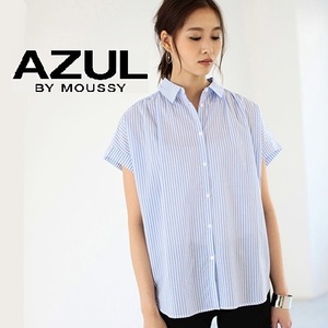 未使用 AZUL by moussy ギャザーショルダードルマン半袖シャツ サックスブルー ストライプ S/アズールバイマウジー