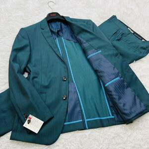 [ unused tag attaching / rare color ]ALAIN DELON Alain Delon suit setup top and bottom stripe pattern lustre feeling unlined in the back green size A5