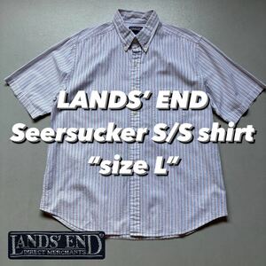 LANDS’ END Seersucker S/S shirt “size L” ランズエンド 半袖シャツ シアサッカー マルチカラー ストライプ ボタンダウン 