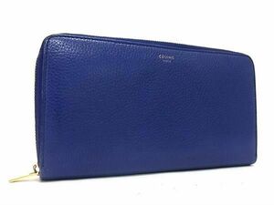 1円 CELINE セリーヌ ラージジップドウォレット レザー ラウンドファスナー 長財布 ウォレット 札入れ 小銭入れ ブルー系 FD1130