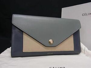 1円 CELINE セリーヌ トライフォールデッド レザー 三つ折り 長財布 ウォレット レディース ブルー系 BF7994