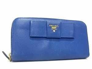 1円 PRADA プラダ サフィアーノレザー リボン ラウンドファスナー 長財布 ウォレット 札入れ 小銭入れ レディース ブルー系 FD1234