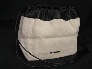 1円■美品■JIL SANDER ジルサンダー キャンバス×レザー クロスボディ ショルダーバッグ 斜め掛け ライトベージュ系×ブラック系 FD2503