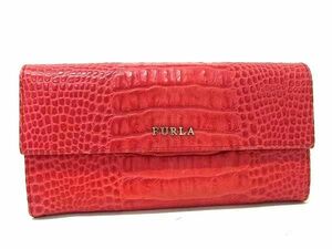 ■美品■ FURLA フルラ クロコダイル型押しレザー 二つ折り 長財布 ウォレット 小銭入れ 札入れ レディース レッド系 DE3805