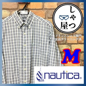 ME6-196★USA古着★状態良好【NAUTICA ノーティカ】刺繍ロゴ 長袖 チェックシャツ【メンズ M】白×紺 BDシャツ 長袖シャツ ボタンダウン