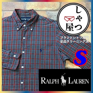 SD6-902◆GOODカラー◆US仕入れ!!【Ralph Lauren ラルフローレン】チェック柄 長袖 ボタンダウンシャツ【メンズ S】赤×紺 古着 刺繍ロゴ