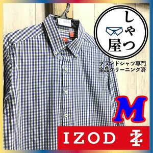 ME1-666◆良品◆ブルー×ネイビー◆【IZOD アイゾッド】チェック 長袖 コットンBDシャツ【メンズ M】青 紺 薄手 古着 Yシャツ 細身