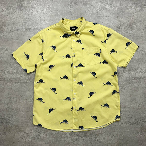 ステューシー 魚 カジキマグロ 柄　黄色 ボタンシャツ サイズ XL