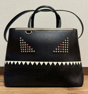 1円 良品 FENDI 2JOURS フェンディ トゥージュール レザー バグズ モンスター 2way ハンド トート バッグ 黒 ブラック レア 