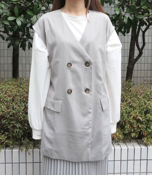 CORNERS半袖ブラウスベスト ライトグレー Mサイズ レディース 重ね着 おしゃれ ツイルノーカラーダブルベスト