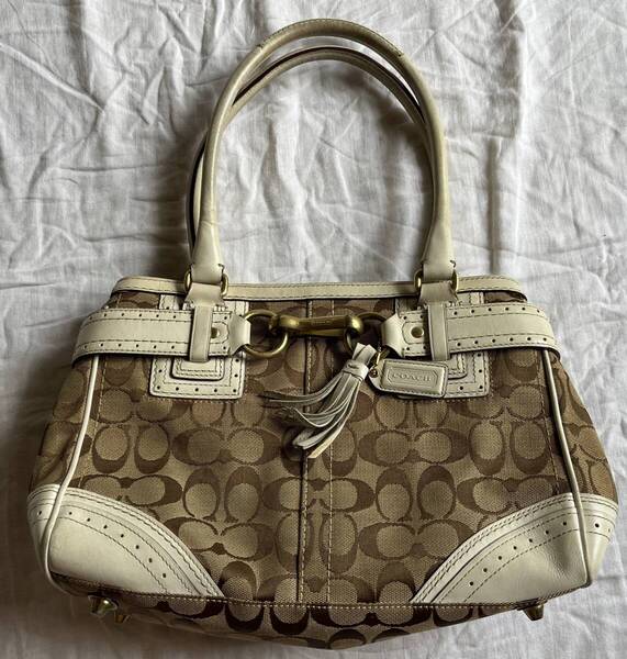 コーチ COACH ハンドバッグ トートバッグ シグネチャーキャリーオール ジャガード×レザー 白 レザー 定番