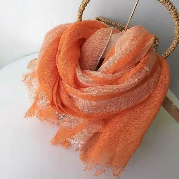 ストール 夏 麻100% 大判 薄手上質天然リネン 亜麻 縞模様 ショール オレンジ色 UVカット スカーフ 冷房対策 プレゼント