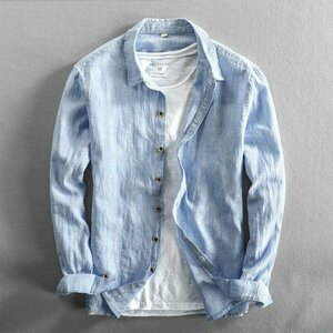 2XL ブルー リネンシャツ カジュアルシャツ メンズ 長袖 ストライプ柄 綿麻 麻 柔らかい 通気 春夏 トップス