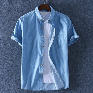 4XL ライトブルー ボタンダウンシャツ メンズ 半袖 無地 デニム ポケット付き 薄目 大きいサイズ 春 夏 カジュアルシャツ