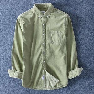 3XL グリーン ボタンダウンシャツ コーデュロイ メンズ 長袖 コール天 柔らかい 綿100％ 春 秋冬