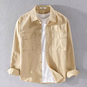 2XL ベージュ ワークシャツ メンズ 無地 長袖 カジュアルシャツ シンプル 作業服 アウトドア トップス シャツジャケット