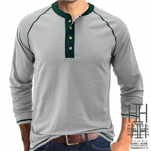 2XL グレーXグリーン tシャツ メンズ 長袖 ストレッチ ヘンリーネック おもしろtシャツ 切り替え カラー配色 おしゃれ 個性 ロンt アメカジ