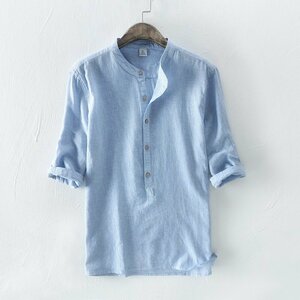 XL ブルー リネンシャツ メンズ 半袖 ストライプ バンドカラー 綿麻 麻 五分袖 春夏 カジュアル 新作