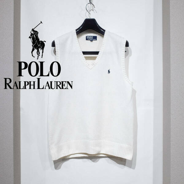 170 / 90年代 POLO RALPH LAUREN ポロ ラルフローレン コットンニット Vネック ベスト トラッド プレッピー アメトラ メンズ 白 ホワイト