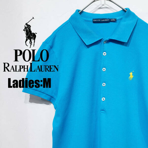 M（レディース） / RALPH LAUREN ラルフローレン 半袖 鹿の子 ポロシャツ ターコイズ ブルー イエローポニー 刺繍 古着 