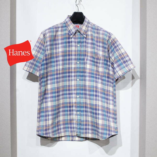 M / Hanes ヘインズ インド製 マドラスチェック B.D 半袖シャツ ブルー パープル 古着 中古 メンズ アメカジ 
